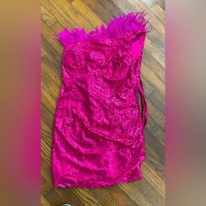 NWT Hot Pink, one shouldered, short sequin dress.  Feathers. Lace up back.